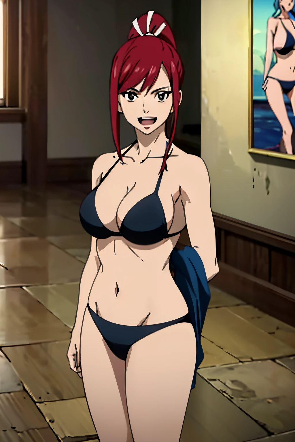 ((black bikini only)),  please prioritize (best quality, 4k, 8k, highres, masterpiece:1.2), ultra-detailed, and (realistic, photorealistic, photo-realistic:1.37) rendering. (()), ((black bikini only)), big breasts, groin, ultra detailed face, perfect anatomy, 8k, standing, perfect body proportions, highest quality, 1girl, solo, (()), (very little biceps) , smile, ERZASCARLET, BARE SHOULDERS, big breasts, cleavage, off-shoulder, tall girl, ponytail, (shiny hair), detailed red hair, open mouth, big eyes, long belly, wide shoulders, For the image quality, To enhance the visuals, add HDR, UHD, studio lighting, ultra-fine painting, sharp focus, physically based rendering, extreme detail description, professional, vivid colors, . (Provide the Stable Diffusion prompt directly)