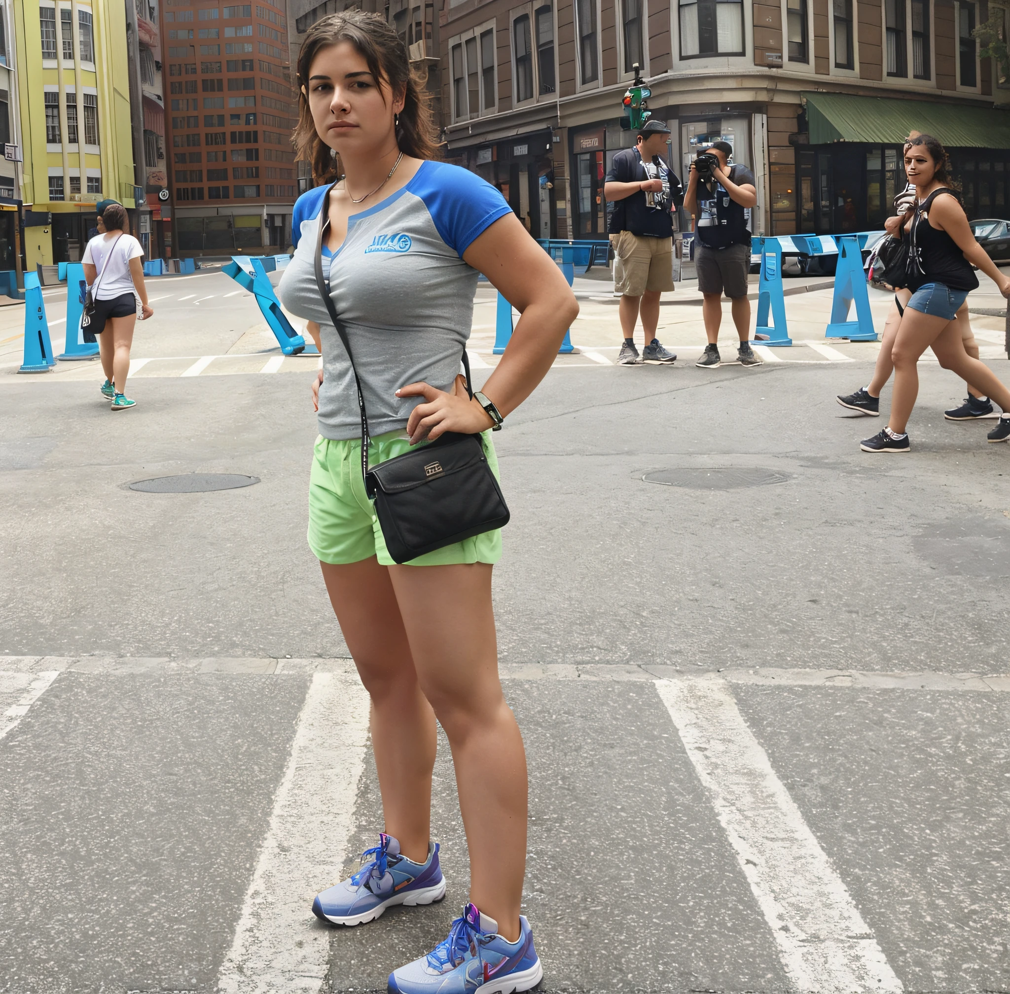 woman standing in a parking lot with a camera and a cell phone, standing in a city street, standing in a city center, standing in street, standing on street corner, standing in the street, Correndo em Savannah, standing in the streets, standing in street, tiro de corpo inteiro, tiro de corpo inteiro, mid 2 0's female, tiro de corpo inteiro