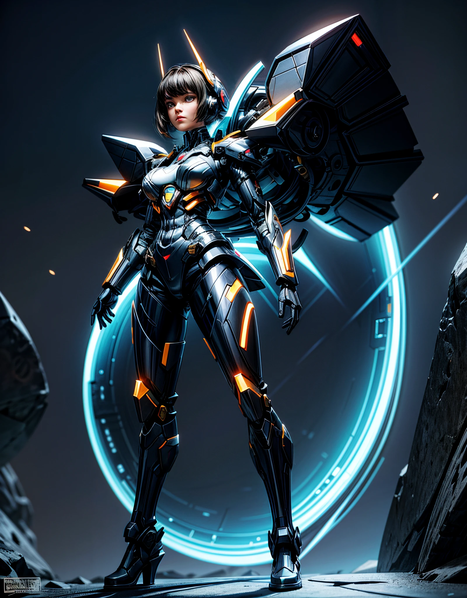"E-piece in a maximum resolution of 16K, with the comic-book style, capturing the essence of a cyber attack. | A powerful mecha woman, imposing and heroic, assumes the pose centered on the image, radiating strength and determination. Her eyes shine with the intensity of an imminent DDOS attack, while she wields advanced technology in her hands. | The background, and sci-fi, displays pulsating digital elements and futuristic lines that highlight the technological context of the scene. | Dynamic composition, highlighting the central figure in the midst of the sci-fi atmosphere. | Cinematic lighting effect enhances the metal contours of the strand and creates an impactful contrast in the technological environment. | Epic scene of a mecha woman in a heroic pose, about to launch a DDOS attack | The camera, positioned next to the character, reveals her entire body as she adopts a dynamic pose, interacting and leaning on a futuristic digital structure. Dynamic inclinations and recoss add life to the composition. | (perfect_pose), She adopting a ((dynamic_pose as interacts, boldly leaning on a large structure, leaning back in a dynamic way):1.erfect_hands), (perfect_fingers), (perfect_legetter_handig, ((full body)), More Detail".