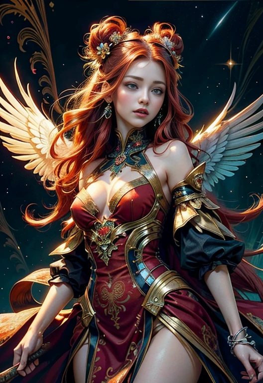 (masterpiece, top quality, best quality, official art, beautiful and aesthetic:1.2), (1girl), extreme detailed,(fractal art:1.3),colorful,highest detailed, she has long red hair and green eyes, white wings behind her back, the background universe and the girl the center of the picture, she wearing a red gorgous dress like a flower