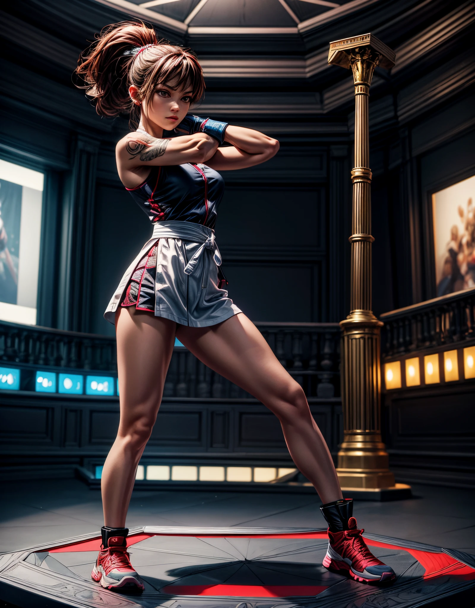 "Earmspiece in maximum resolution of 16K, inspired by tattoo art, with a dynamic 3D CGI rendering style. | A strong and confident woman, wearing an impeccable taekwondo costume, in a fixed and powerful pose, over a highlighted octagon. His determined look reflects serenity before a quick movement. The minimalist setting highlights its presence, with soft colors that contrast with the intensity of the scene. | The composition focuses on the imposing form of the fighter, highlighting her firm posture on the octagon. The camera's angle highlights strength and discipline, while the 3D perspective highlights every detail of the taekwondo costume. | Lighting effects, such as soft rays, highlight the woman while she remains in pose, adding an engaging atmosphere to the scene. | Scene of a taekwondo fighter in a fixed pose over an octagon. | The camera, positioned close to the character, unveils her entire body as she strikes a dynamic pose, interacting and leaning on a structure in the scene in an exciting manner. | (perfect_pose), She adopting a ((static_pose as stands, confidently poised on an octagon, with a strong and determined gaze):1.3), ((full body)), (hands_with_5_fingers), ((perfect_hands):0.5), ((perfect_fingers):0.5), ((perfect_legs):0.5), ((better_hands):0.5), Big, More Detail”.``