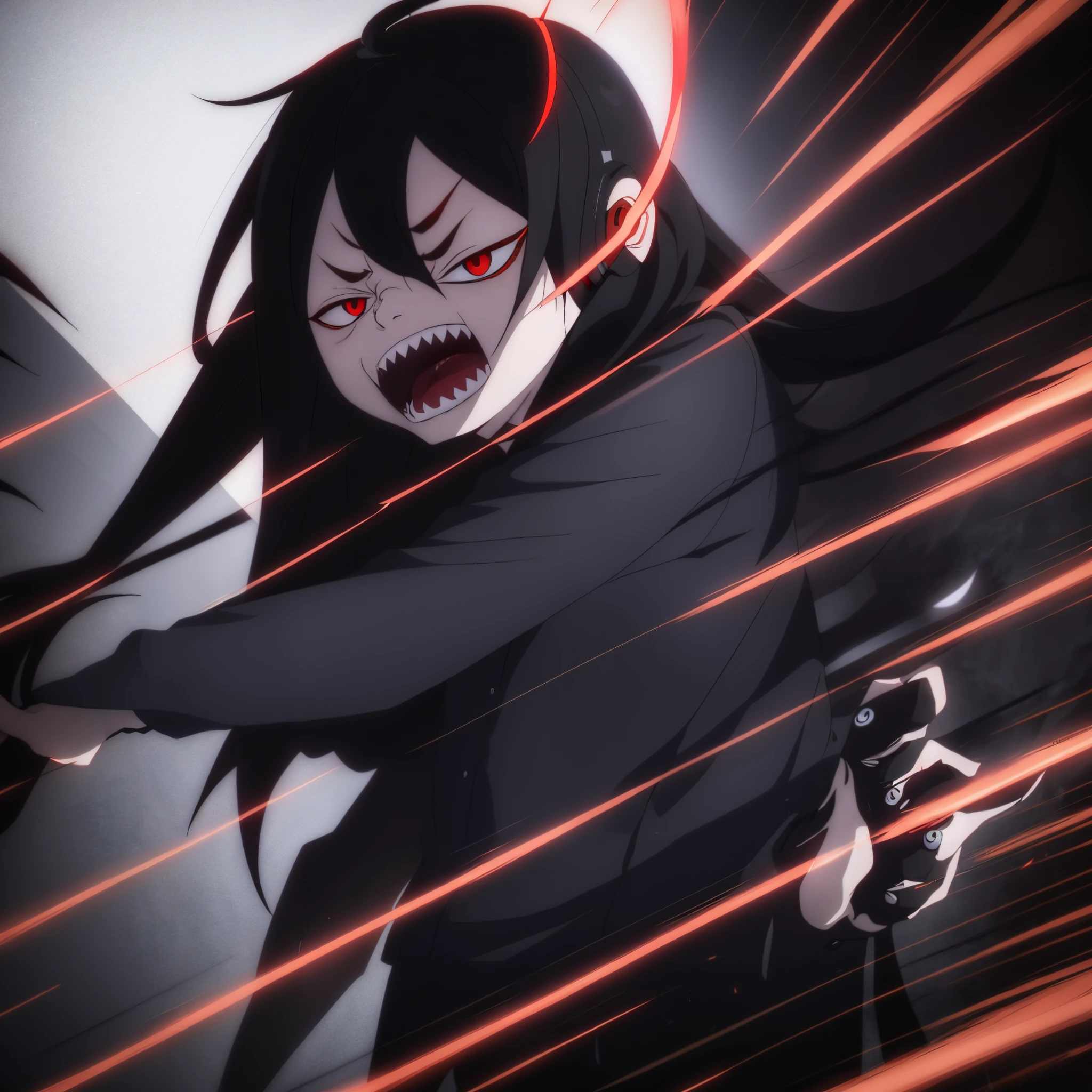 a little vampire boy with long straight hair, super thin face, red eyes and sharp vampire fangs, wearing youtuber style headphones, Black clothes, in action pose, fun, 3D Anime style, cartoon, 3d rendering, 4K, Cinematic lighting, Unreal Engine 5, Cinematic, Super Detailed, Dynamic Pose, Big Hair, Straight black hair, Vampire Teeth, Pixar