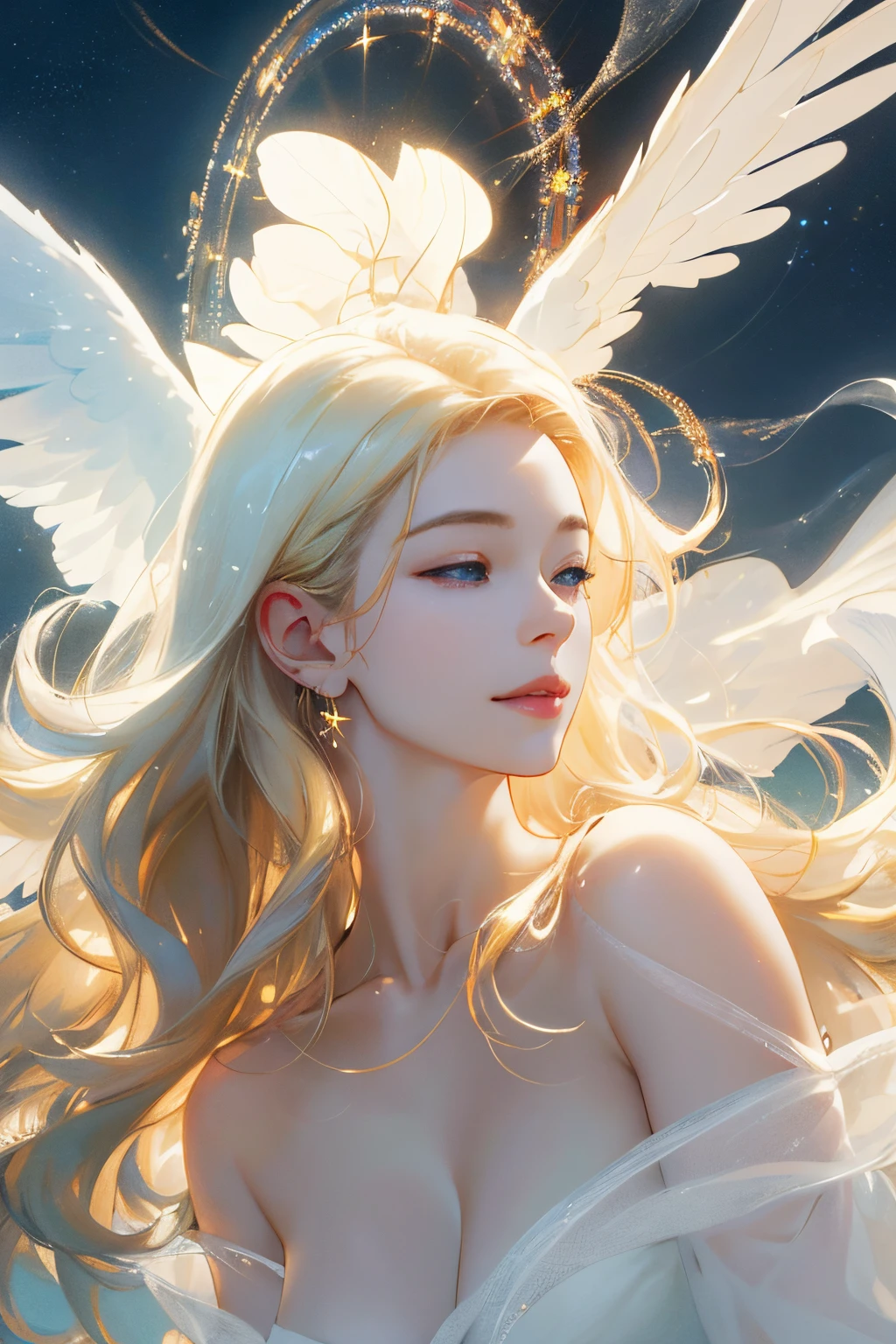 (best quality,4k,8k,highres,masterpiece:1.2),ultra-detailed,(realistic,photorealistic,photo-realistic:1.37),portrait,angel,huge wings,blonde hair,white skin,white dress,ethereal,graceful,serene,soft lighting,vivid colors,floating,heavenly,natural surroundings,peaceful,shimmering,happy expression,gentle,calm,harmonious,divine presence,dreamy,magical,ethereal atmosphere,seamless glittering background,sparkling,joyful,delicate,tranquil,celestial beauty,fairytale-like,effortless elegance,ethereal glow,lightness,pure