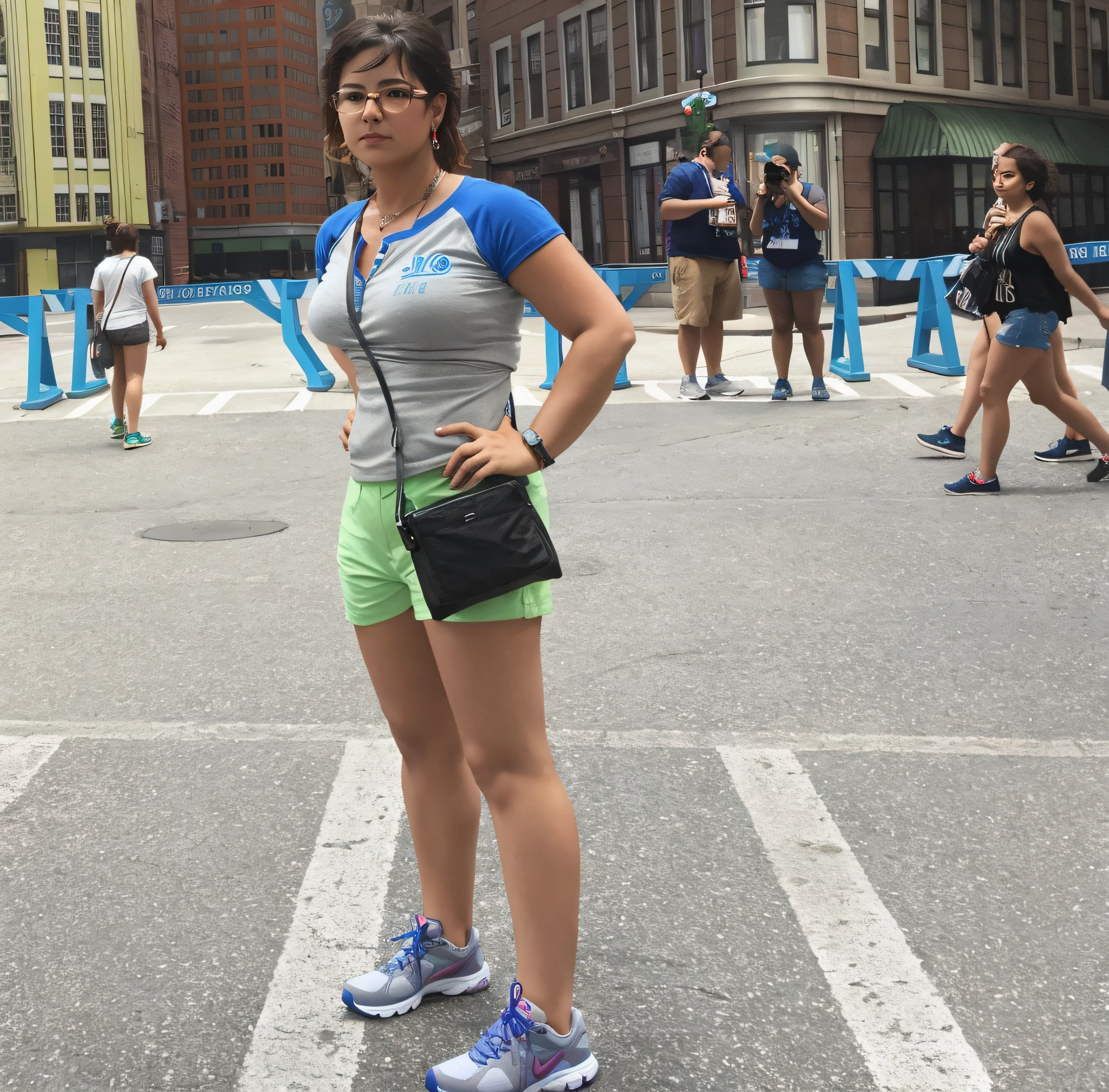 woman standing in a parking lot with a camera and a cell phone, standing in a city street, standing in a city center, standing in street, standing on street corner, standing in the street, Correndo em Savannah, standing in the streets, standing in street, tiro de corpo inteiro, tiro de corpo inteiro, mid 2 0's female, tiro de corpo inteiro