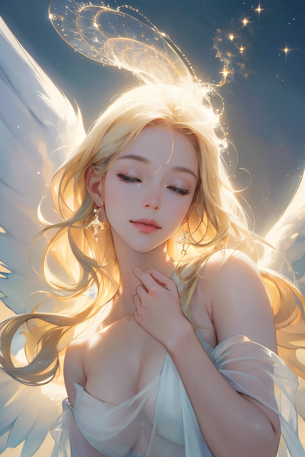 (best quality,4k,8k,highres,masterpiece:1.2),ultra-detailed,(realistic,photorealistic,photo-realistic:1.37),portrait,angel,huge wings,blonde hair,white skin,white dress,ethereal,graceful,serene,soft lighting,vivid colors,floating,heavenly,natural surroundings,peaceful,shimmering,happy expression,gentle,calm,harmonious,divine presence,dreamy,magical,ethereal atmosphere,seamless glittering background,sparkling,joyful,delicate,tranquil,celestial beauty,fairytale-like,effortless elegance,ethereal glow,lightness,pure