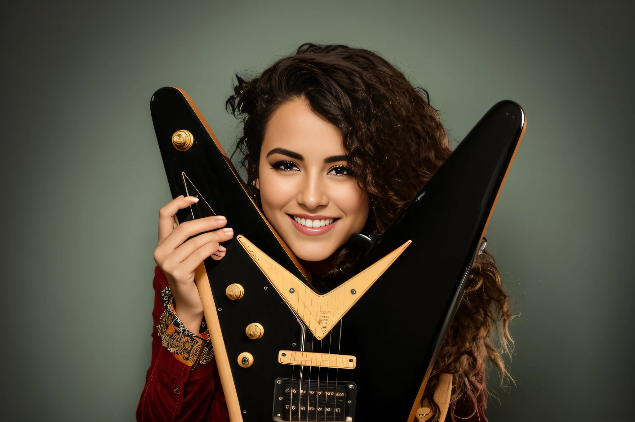 mulher arafida segurando uma guitarra com um sorriso no rosto, holding a electric guitar, pegando fogo ardendo em fogo.