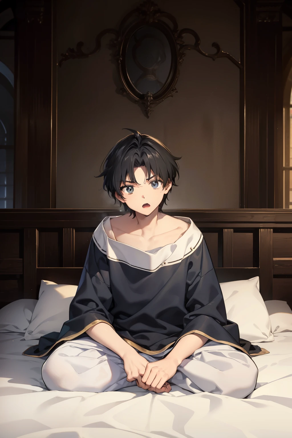 A man, 16 years old, medieval noble sleepwear, black messy hair, surprised, sitting on a medieval noble bed