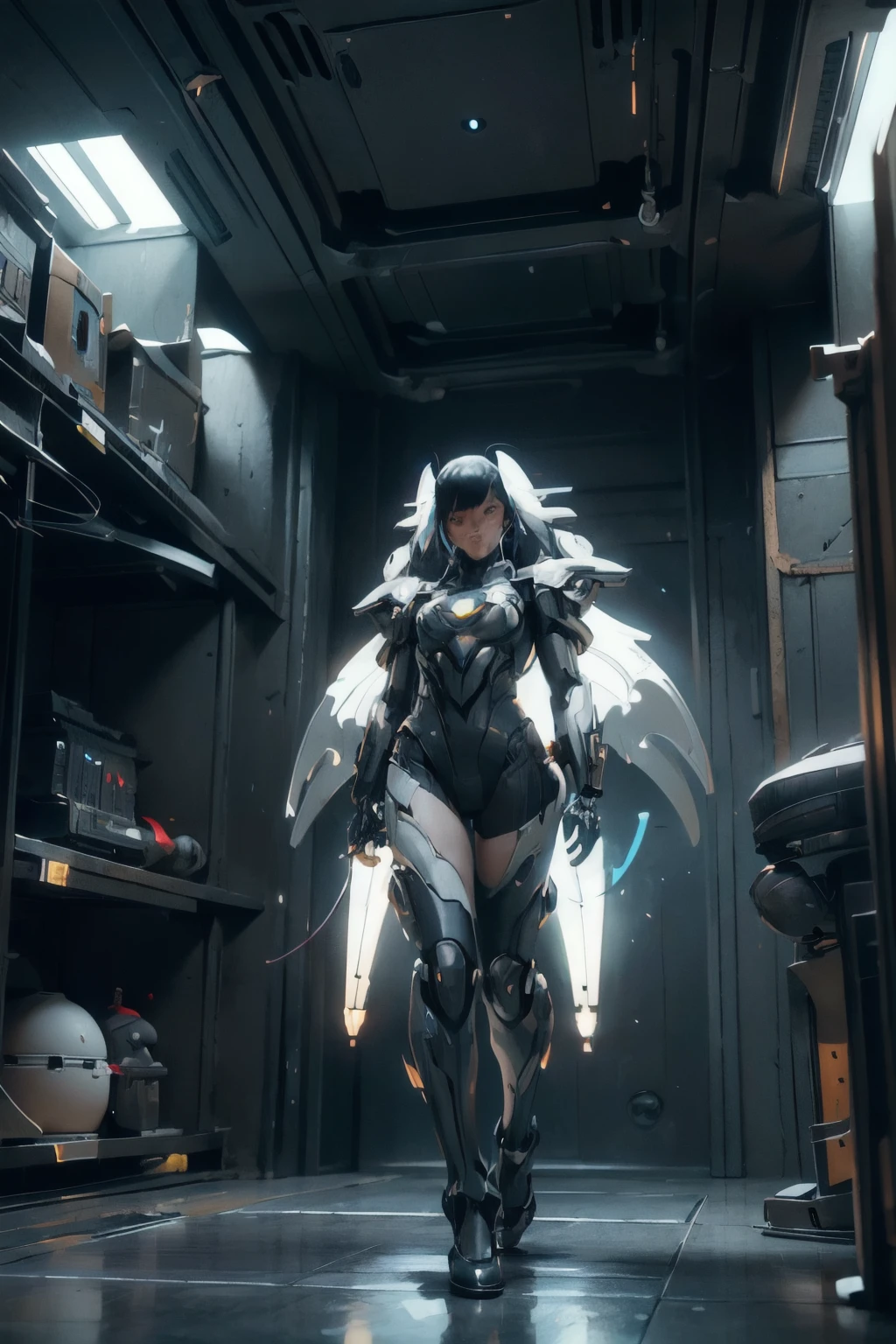 Weapons of the future. Cyborg, Ghost in the Shell. Dark mechanoid, cybernetic machine-robot in a vast hall. ), (Urbanized interior). High, gigantic ceiling, large hall. Assembly workshop of high-tech machines. Industrial interior. The floor is paved with large concrete slabs, and strong gratings in the floor - shafts. In the center, are cyborg, android, metal, plastic, wires, and technological equipment. Heavy weapons on hand, turbines, nozzles. wings, powerful torso. Hard stone floor, very high ceiling, (along the perimeter of the walls there are arches - semicircular niches, cybernetic gothic), (weapons, mechanisms, combat robots, equipment in the side niches, cabinets with electronics, wires winding to the floor). The structure is filled with a large number of military robots. Weapons workshop center in cyberpunk, modern style. White and black plastic, aluminum, polished artificial stone, 3D architectural printing. The walls are decorated with complex geometric patterns. White and black with gold predominate in the main color range. The general stage is in twilight. The central part of the corridor is well-lit from above (Cyberpunk, futurism), (Ghost in the Shell style, Japanese anime. Interior lighting, neutral-warm light-cold shadows, matrix geometry, and secret symbolism decorate the walls. The tall shapes of the walls are the atmosphere of the future, an alien, highly developed civilization. Warm bright - contrasting light, light cold shadows, clear image of details, texture, decor (high image quality), (Clear high-quality render), (unreal engine), SD quality, 8K. Stylization Animation, RiotGames, Lucas Arts, Japanese cyberpunk anime, Blade Runner. Sh.R. Giger "Alien".