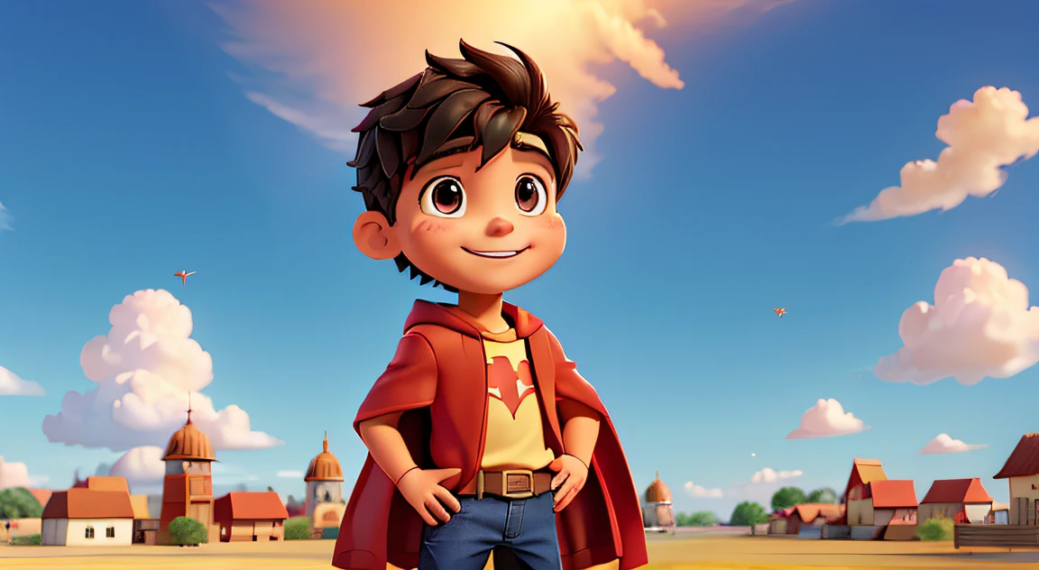 Boy standing, com capa vermelha tremulando ao vento, exibindo um sorriso confiante no rosto. Ao fundo, o sol brilhante ilumina uma cidade colorida e vibrante. In the sky some fluffy and animated clouds forming fun figures