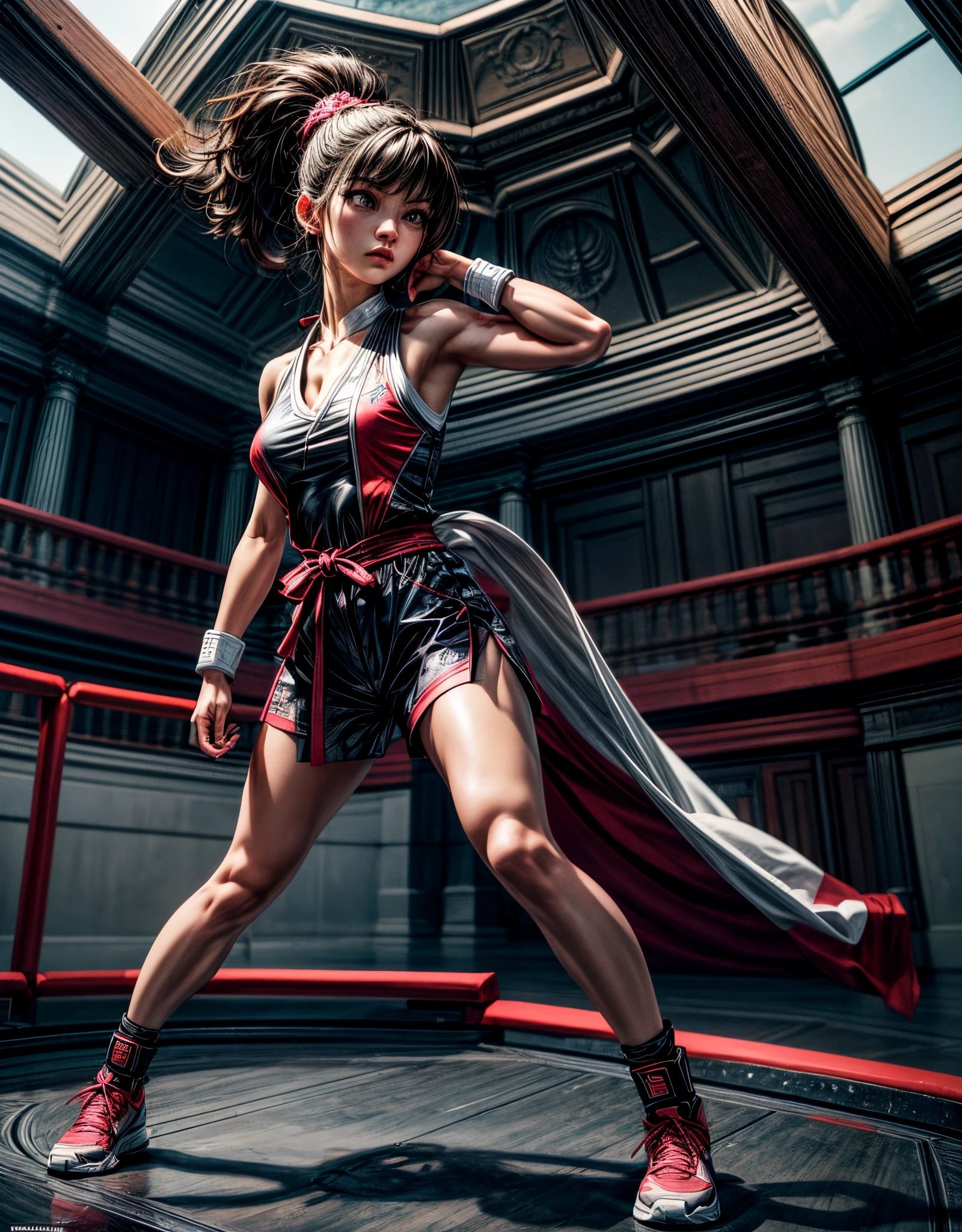 "Earmspiece in maximum resolution of 16K, inspired by tattoo art, with a dynamic 3D CGI rendering style. | A strong and confident woman, wearing an impeccable taekwondo costume, in a fixed and powerful pose, over a highlighted octagon. His determined look reflects serenity before a quick movement. The minimalist setting highlights its presence, with soft colors that contrast with the intensity of the scene. | The composition focuses on the imposing form of the fighter, highlighting her firm posture on the octagon. The camera's angle highlights strength and discipline, while the 3D perspective highlights every detail of the taekwondo costume. | Lighting effects, such as soft rays, highlight the woman while she remains in pose, adding an engaging atmosphere to the scene. | Scene of a taekwondo fighter in a fixed pose over an octagon. | The camera, positioned close to the character, unveils her entire body as she strikes a dynamic pose, interacting and leaning on a structure in the scene in an exciting manner. | (perfect_pose), She adopting a ((static_pose as stands, confidently poised on an octagon, with a strong and determined gaze):1.3), ((full body)), (hands_with_5_fingers), ((perfect_hands):0.5), ((perfect_fingers):0.5), ((perfect_legs):0.5), ((better_hands):0.5), Big, More Detail”.``