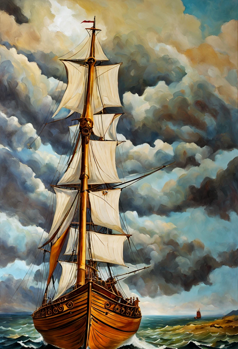 The description I provided for the painting "Nava Al-Bahriya" is as follows:

1. Subject: The painting depicts a Greek naval ship, possibly representing a naval battle.

2. Technical Details: It is believed that the painting shows technical details of the ship, such as sails, maritime tools, and decorations.

3. Colors: It is assumed that the painting used a range of vibrant and natural colors to give life and realism to the maritime scene.

4. Movement and Dynamism: The painting may depict the movement of the ship in the water and highlight details reflecting dynamics and movement in the ocean.