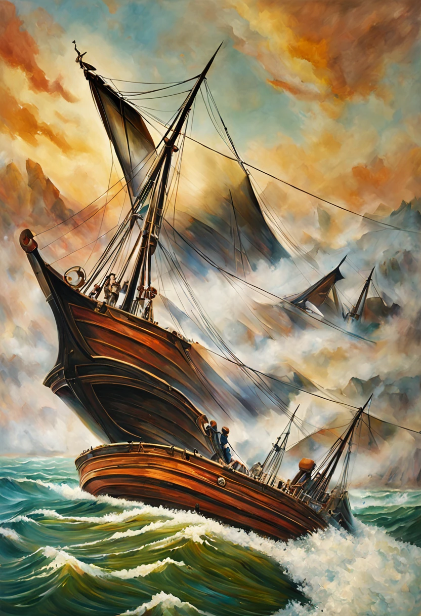 The description I provided for the painting "Nava Al-Bahriya" is as follows:
1. Subject: The painting depicts a Greek naval ship, possibly representing a naval battle.
2. Technical Details: It is believed that the painting shows technical details of the ship, such as sails, maritime tools, and decorations.
3. Colors: It is assumed that the painting used a range of vibrant and natural colors to give life and realism to the maritime scene.
4. Movement and Dynamism: The painting may depict the movement of the ship in the water and highlight details reflecting dynamics and movement in the ocean.