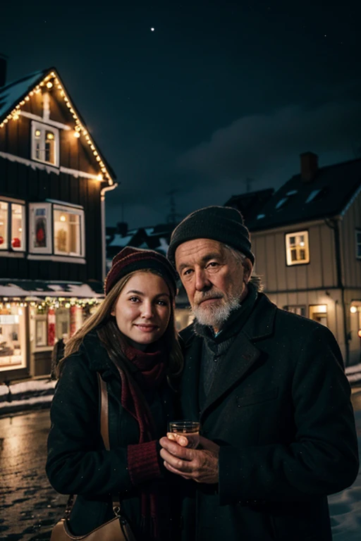 old norwegian city, pretty girl, old man, evening, christmas