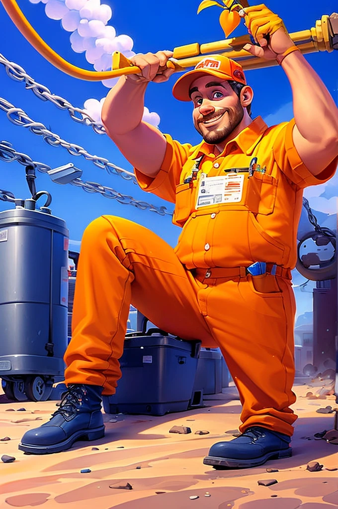 goofy HVAC worker with orange work clothes and his company name is Ilmair