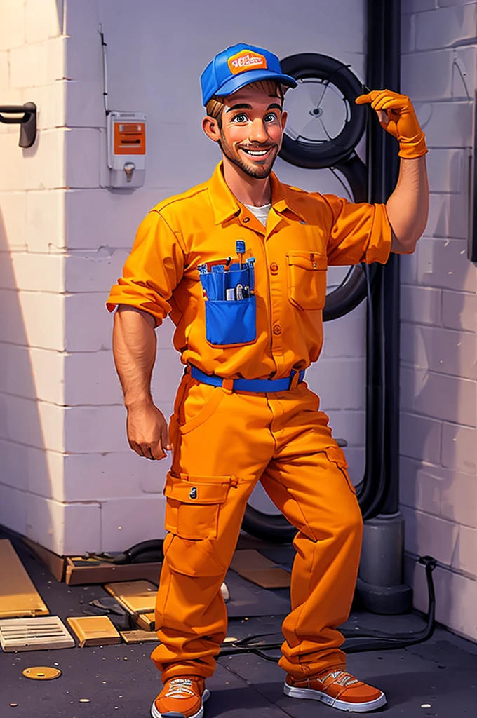 goofy HVAC worker with orange work clothes and his company name is Ilmair