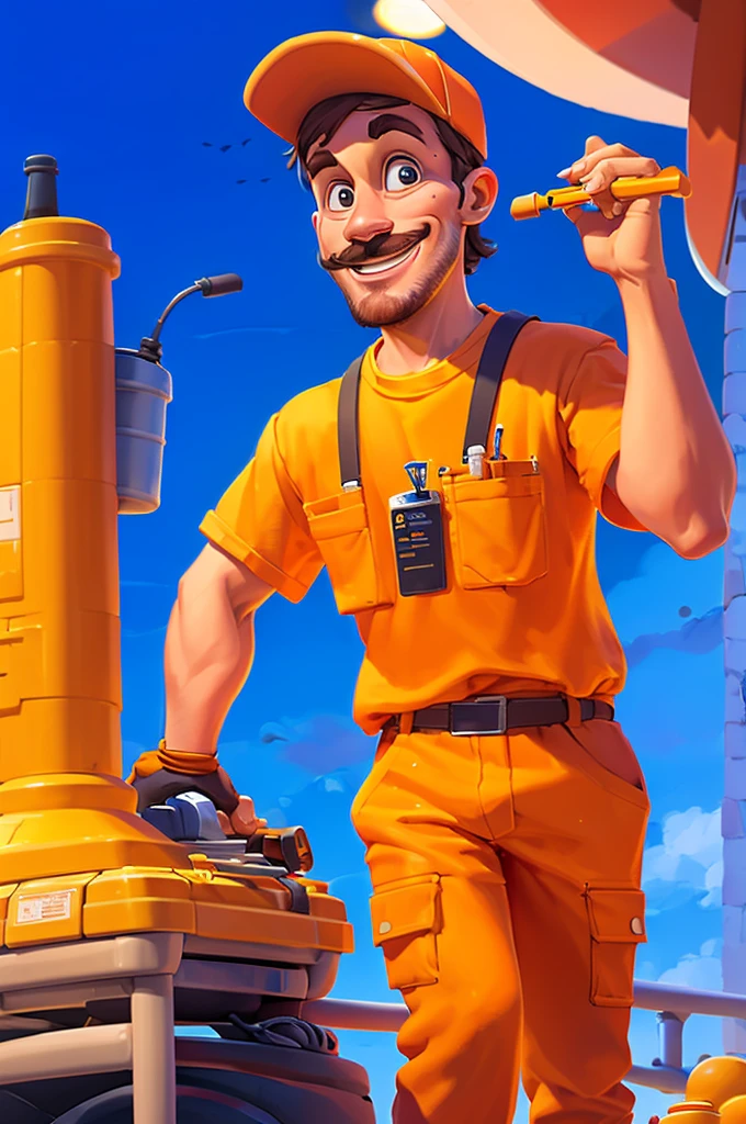 goofy HVAC worker with orange work clothes and his company name is Ilmair