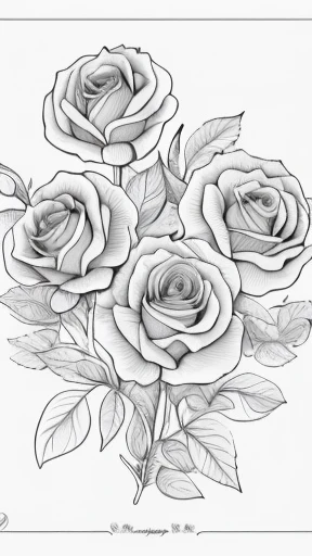 a drawing of roses with leaves and leaves on a white background, detailed flowers, coloring book outline, clean coloring book page, coloring book page, flowers with intricate detail, highly detailed linework, coloring pages, hyper detailed line art, colouring page, clean ink detailed line drawing, detailed line art, line art colouring page, beautiful inking lines, a few roses
