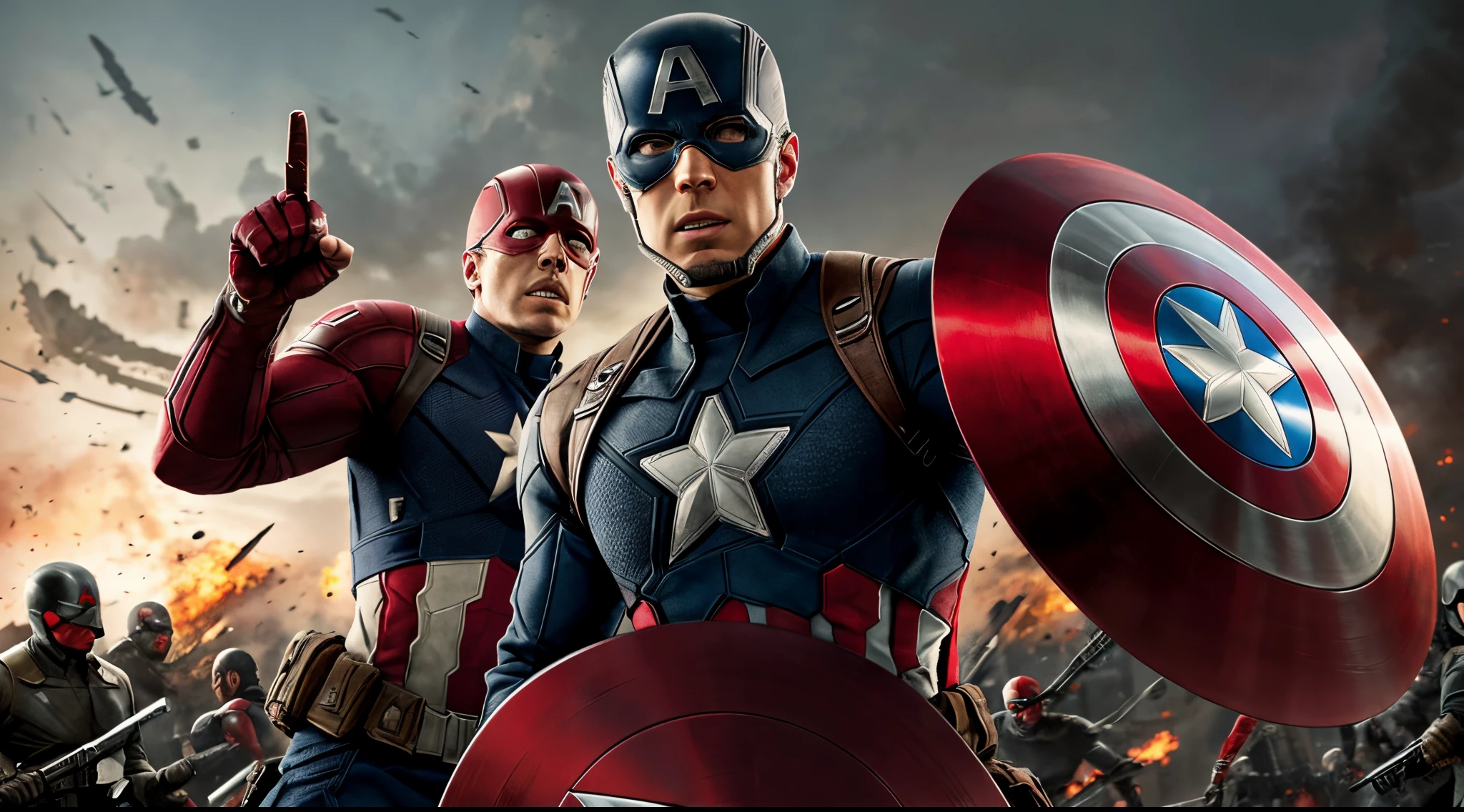 image of Captain America with shield fighting with a man, red skull, Marvel Art, Captain, man with red skull, War Style. The setting should reflect the warfield environment, with attention to historical details, with soft colors. The image must be detailed and have 8k resolution.