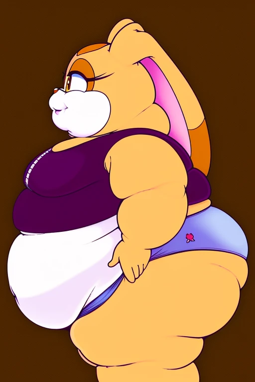 Cream the rabbit, 8  girl, ((morbidly obese)), (((very fat face))), ((double chin)), huge belly, wide hips, huge butt, crop top, white panties, side view, standing on scale, looking at belly, holding belly