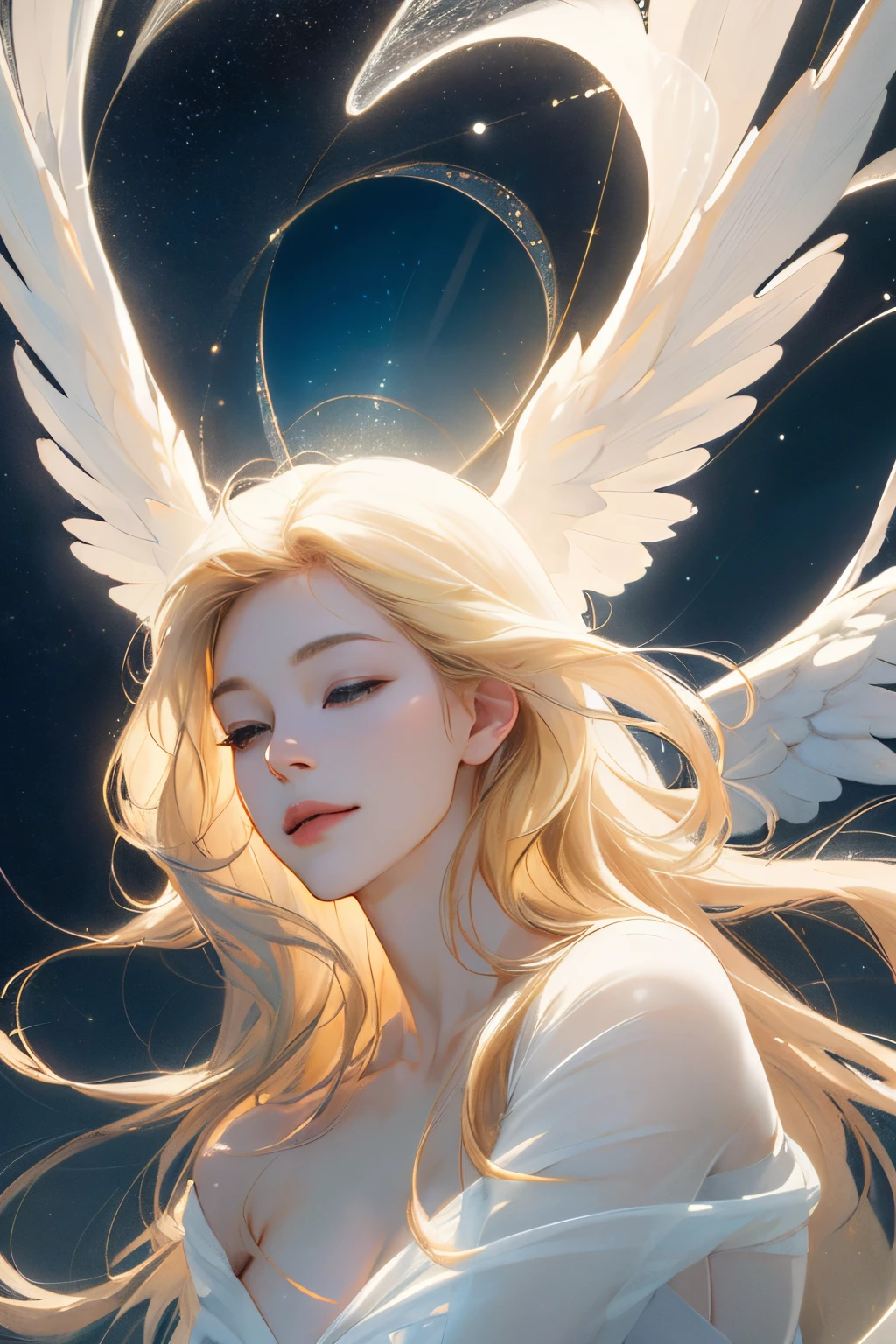 (best quality,4k,8k,highres,masterpiece:1.2),ultra-detailed,(realistic,photorealistic,photo-realistic:1.37),portrait,angel,huge wings,blonde hair,white skin,white dress,ethereal,graceful,serene,soft lighting,vivid colors,floating,heavenly,natural surroundings,peaceful,shimmering,happy expression,gentle,calm,harmonious,divine presence,dreamy,magical,ethereal atmosphere,seamless glittering background,sparkling,joyful,delicate,tranquil,celestial beauty,fairytale-like,effortless elegance,ethereal glow,lightness,pure