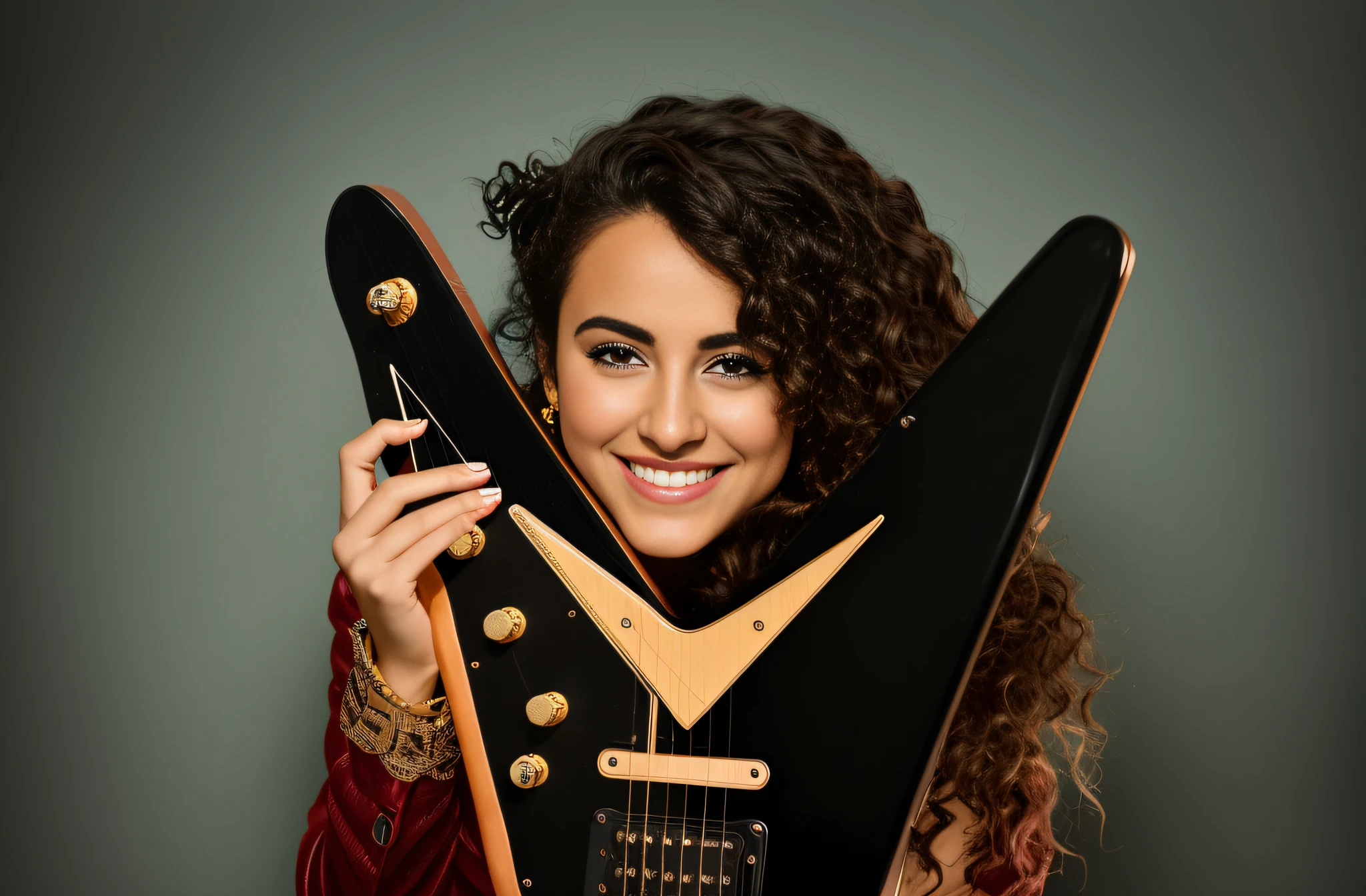 arafida woman holding a guitar with a smile on her face, holding an electric guitar, em chamas queimando no fogo.