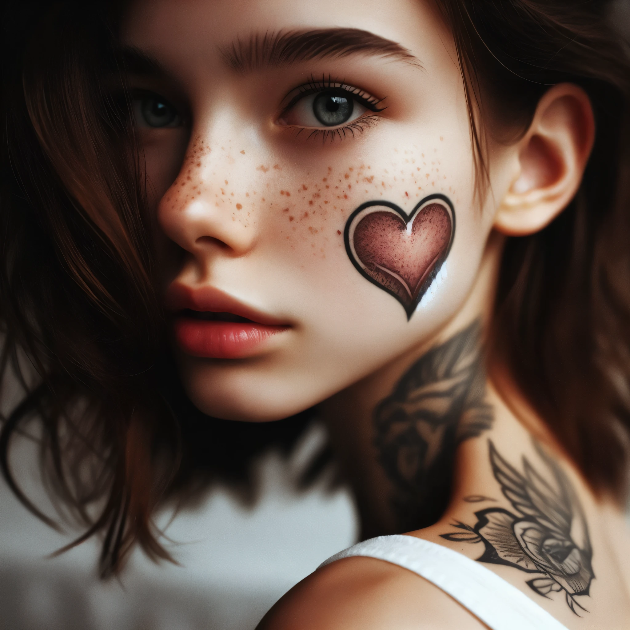 close-up of a woman with a heart tattoo on her face, small heart - shaped face, heart shaped face, gorgeous face portrait, heart shaped face, heart shaped face, beautiful artwork, beautiful portrait, tattooed face, wlop glossy skin, beautiful digital artwork, Ultra-realistic digital art, facial tattoo, Beautiful face portrait, Photorealistic beautiful face