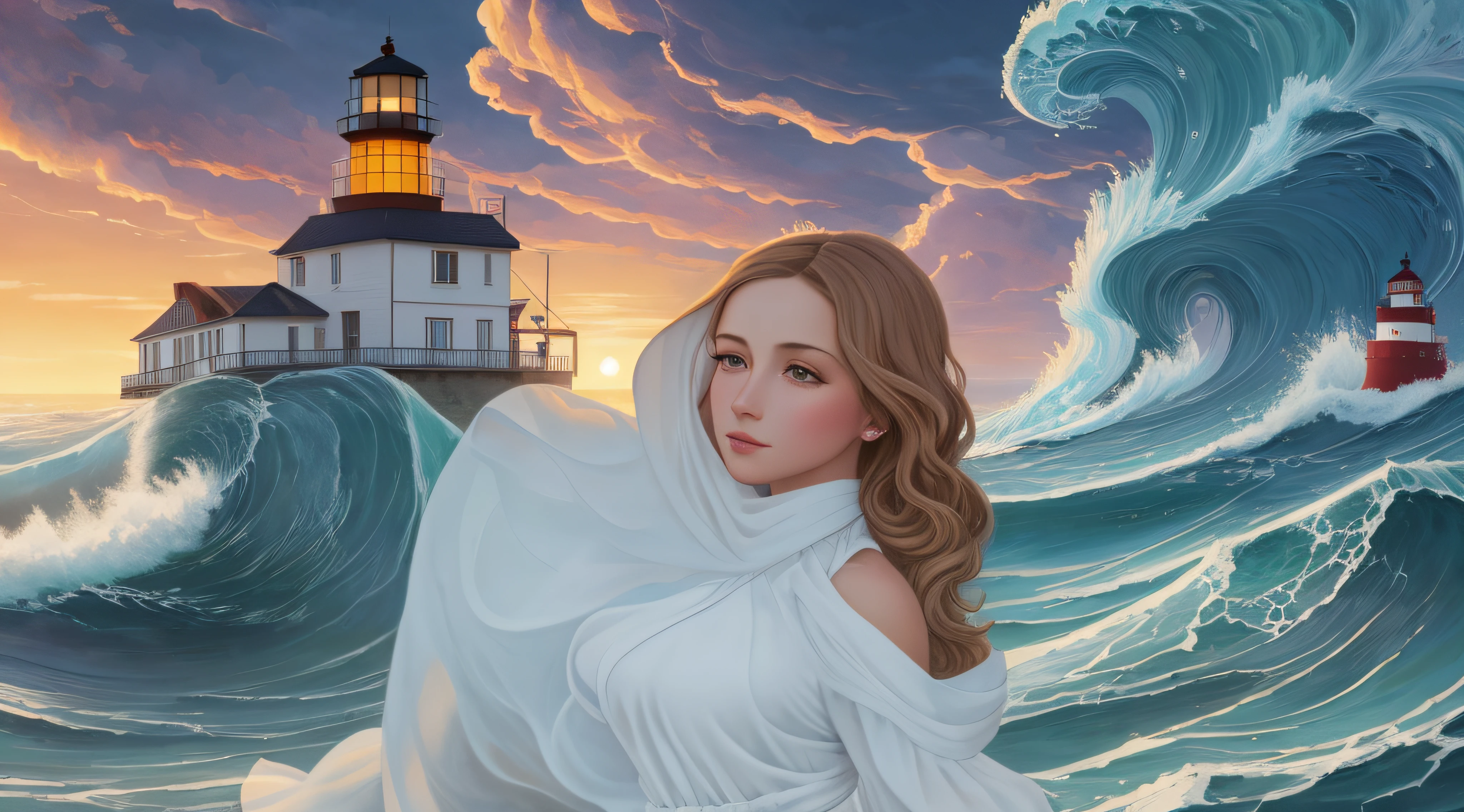 there a woman standing in front of a lighthouse on a wave, inspired by Stevan Dohanos, inspired by Vincent Lefevre, inspired by Cornelis van Poelenburgh, inspired by Francesco Hayez, in a style blend of botticelli, inspired by Ivan Aivazovsky, inspired by Sandro Botticelli, surrealisme aesthetic