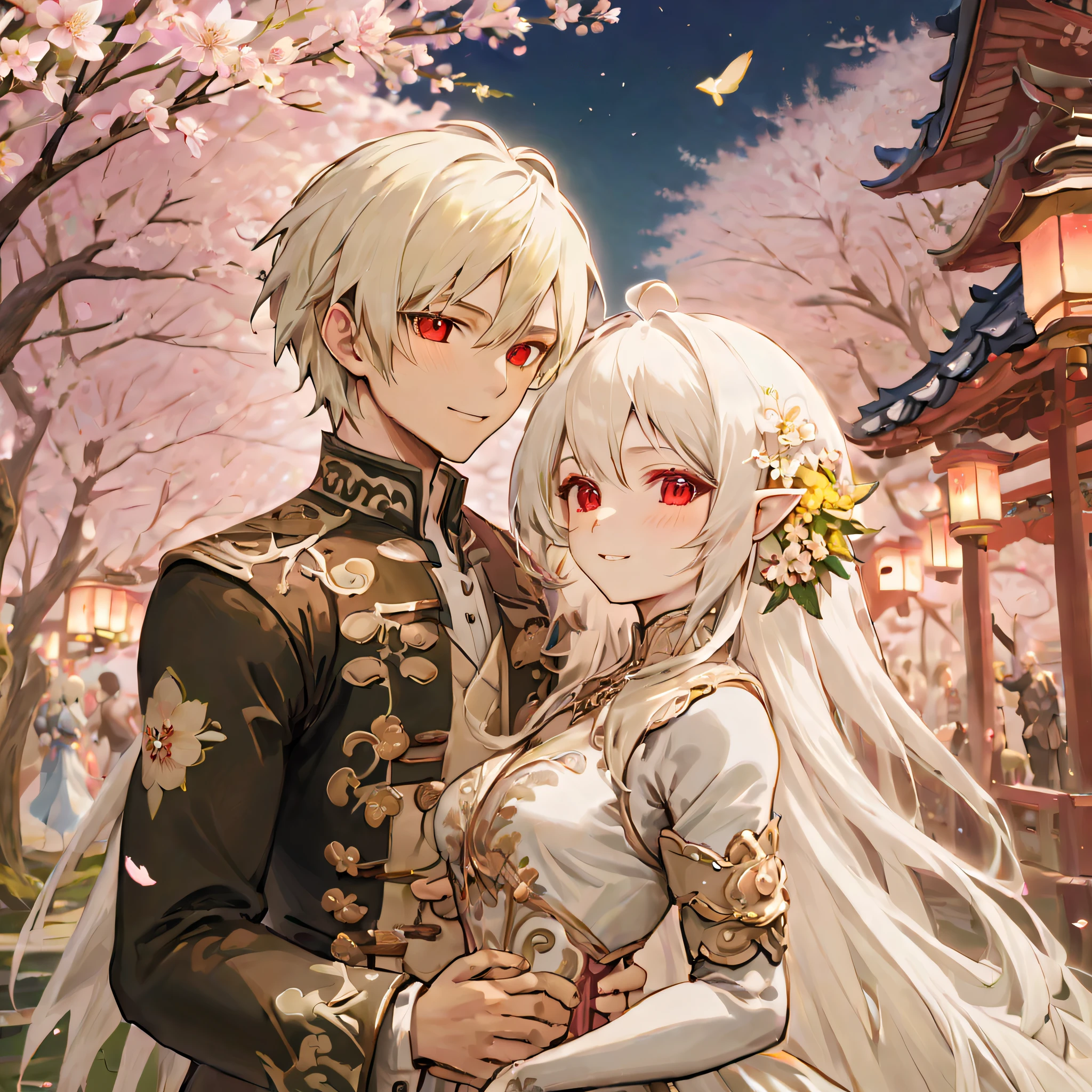 Final Fantasy 14, couple of equal height, (1boy with short hair Pale Goldenrod and green eyes), ((1girl muscular body, (long white hair), red eyes)), They share a smiling gaze, both adorned in elegant wedding attire, Close-up, Camera Angle Eye-level, Background The serene and picturesque gardens of Kugane, adorned with cherry blossoms and lanterns, best quality, masterpiece, ultra-detailed, 8k, depth of field, cinematic composition, Soft moonlight, casting a gentle glow on the couple.