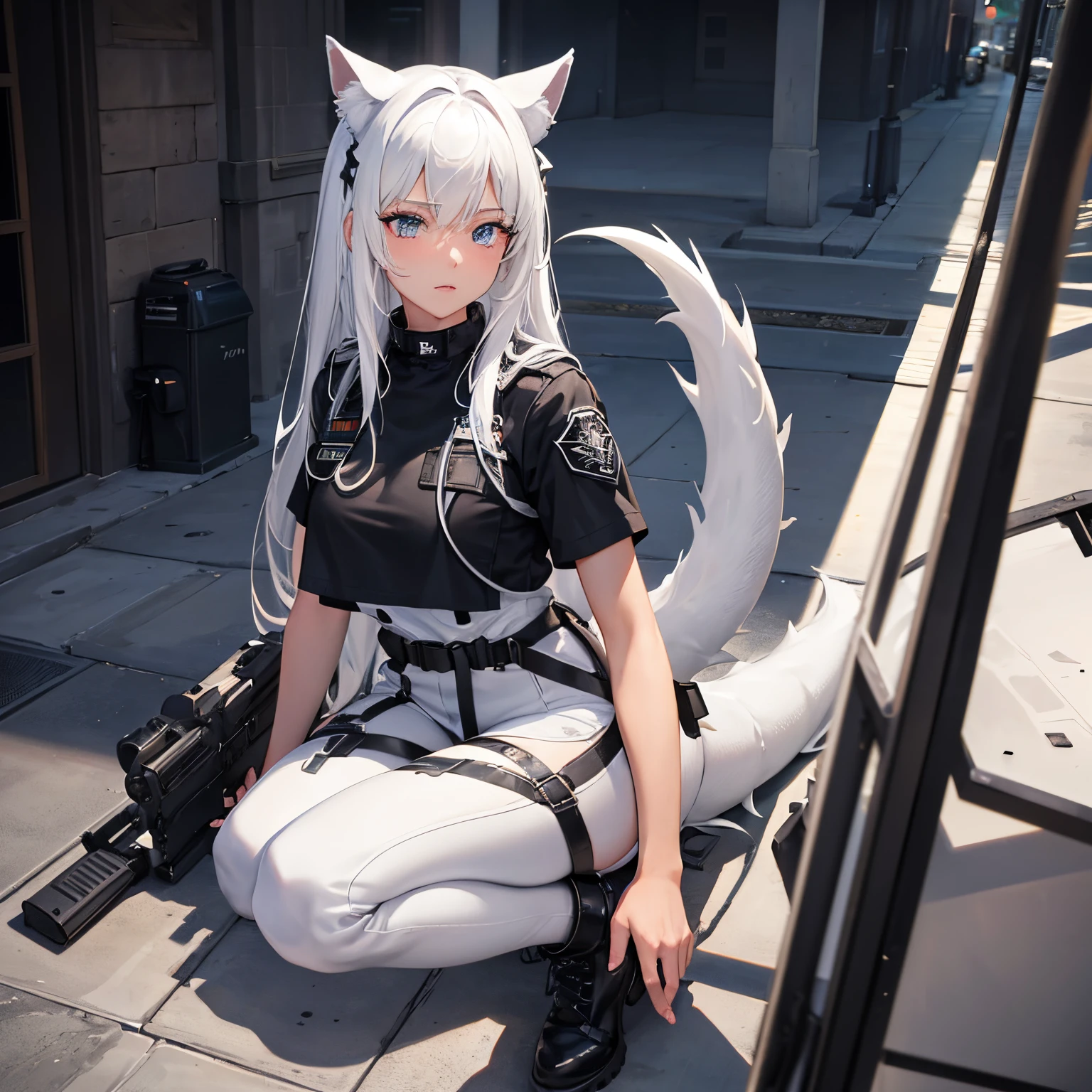 8k resolution, high quality, high resolution, best quality, best resolution, absurd resolution, ray tracing, high detailed, white hair, female,white wolf ears, teenage girl, slim body, white scale dragon tail,black combat boots,dark camo pants, black t-shirt, combat medic backpack, tail setting on her tail bone, detailed blue eyes, beautiful face, dark skin
