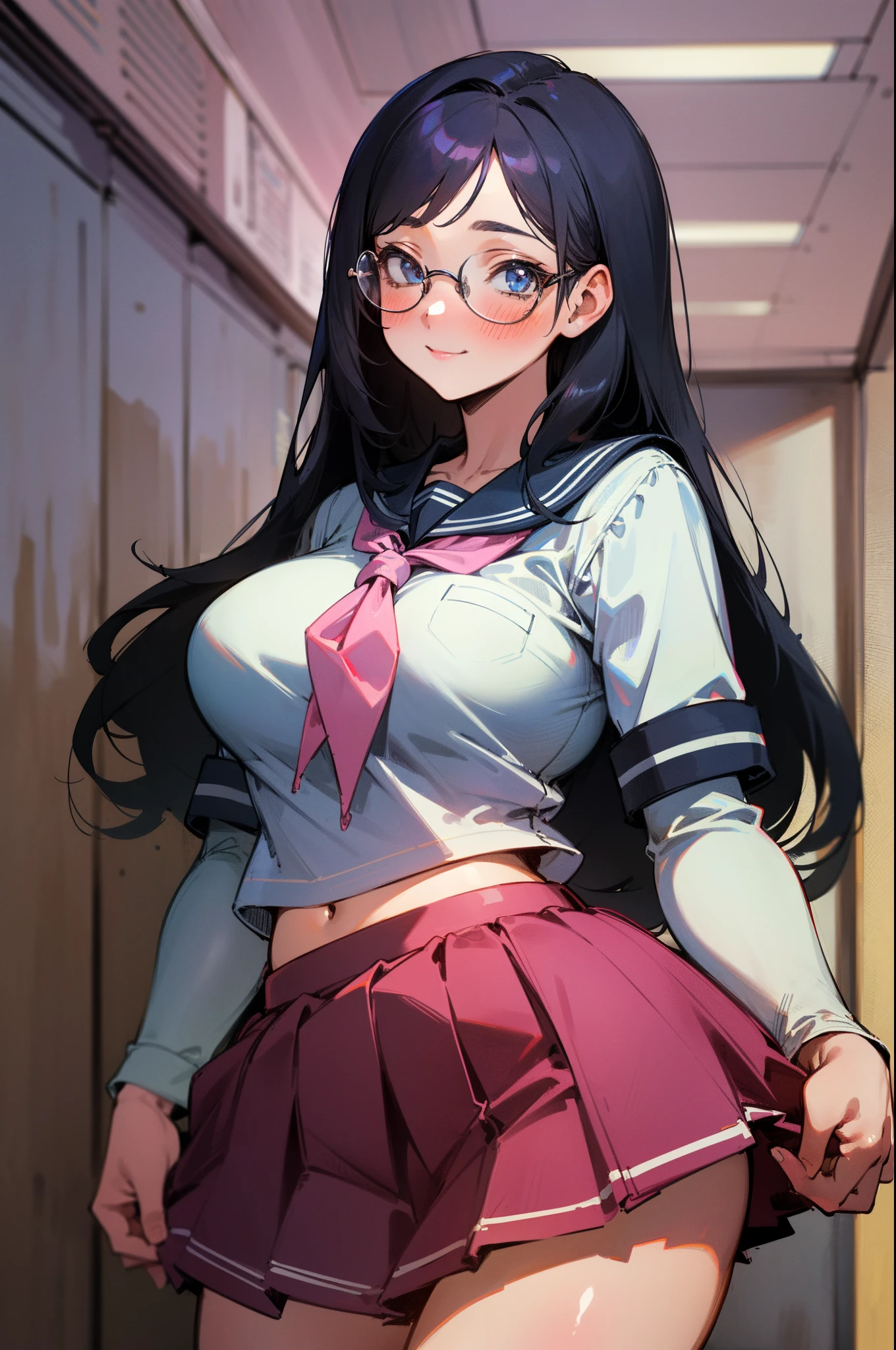 (1girl:1.4) schoolgirl, beautiful, perfect eyes, perfect face, perfect lighting, 1girl, long black hair, (large breasts:1.2) wide hips, white and pink schoolgirl sailor uniform, short skirt, shy smile, thick round glasses, cheeks blushing, absurdres, [perfect shadows and lighting] detailed background, incredible high-key lighting, rich colors, school hallway background, accurate, anatomically correct (masterpiece:1.3) ultra detailed illustration, (best quality:1.1), textured skin, high details, award winning, highres, UHD, UHD, UHD, UHD, UHD, award winning, highres