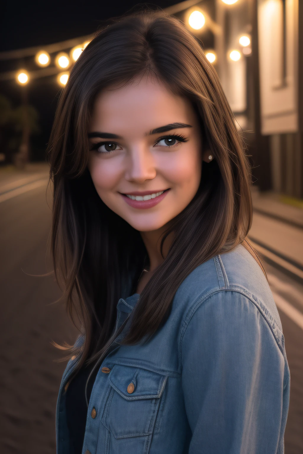(best quality, masterpiece),1girl, solo, looking at viewer, smile, brown hair, outdoors, brown eyes, lips, night, ground vehicle, portrait, motor vehicle, realistic, car, road, lamppost,full image standing on a beach
, 8k uhd, dslr, soft lighting, high quality, film grain, Fujifilm XT3