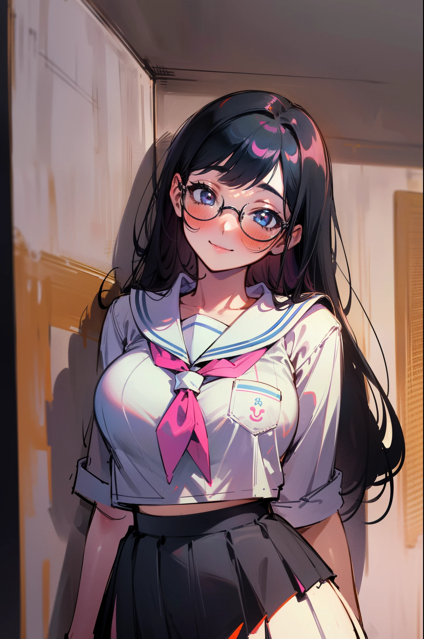 (1girl:1.4) schoolgirl, beautiful, perfect eyes, perfect face, perfect lighting, 1girl, long black hair, (large breasts:1.2) wide hips, white and pink schoolgirl sailor uniform, short skirt, shy smile, thick round glasses, cheeks blushing, absurdres, [perfect shadows and lighting] detailed background, incredible high-key lighting, rich colors, school hallway background, accurate, anatomically correct (masterpiece:1.3) ultra detailed illustration, (best quality:1.1), textured skin, high details, award winning, highres, UHD, UHD, UHD, UHD, UHD, award winning, highres