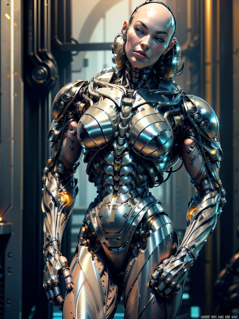 (beautiful borg queen:1.5), (metallic muscle armor:1.5), (no hair), (bald head covered in cables:1.5), (robotic mechanical physique:1.5), (super muscular cyborg:1.5), (covered in cables and mechanical muscles:1.5), (android muscular anatomy:1.5), (megan-fox:1.5), (perfect fingers:1.25),(8k, RAW photo, photorealistic:1.25), sci fi atmosphere, futuristic dystopia, alien landscape,
