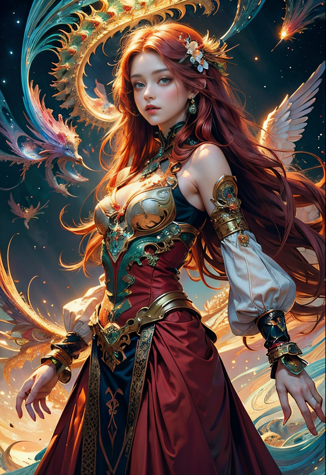 (masterpiece, top quality, best quality, official art, beautiful and aesthetic:1.2), (1girl), extreme detailed,(fractal art:1.3),colorful,highest detailed, she has long red hair and green eyes, white wings behind her back, the background universe and the girl the center of the picture, she wearing a red gorgous dress like a flower