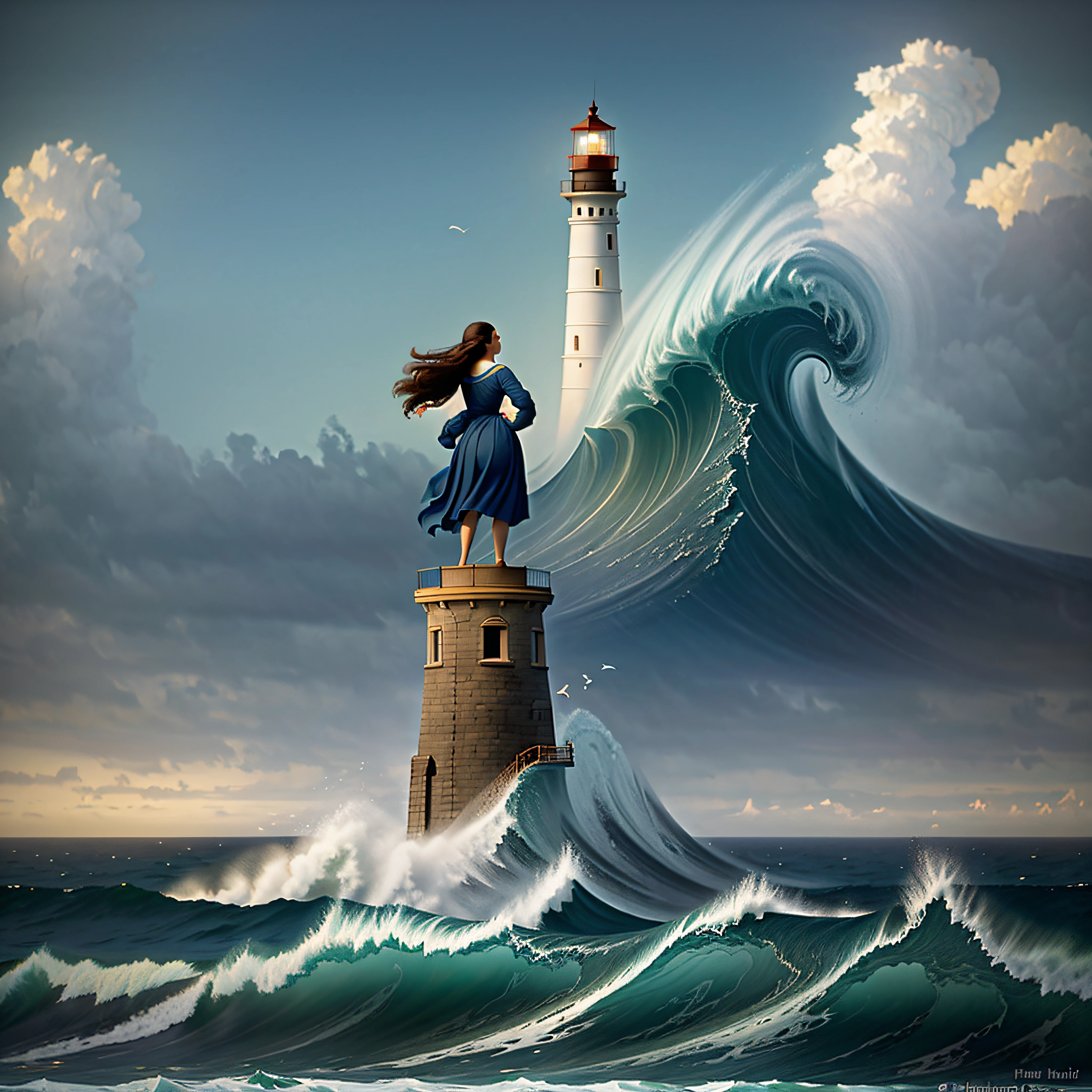 there a woman standing in front of a lighthouse on a wave, inspired by Stevan Dohanos, inspired by Vincent Lefevre, inspired by Cornelis van Poelenburgh, inspired by Francesco Hayez, in a style blend of botticelli, inspired by Ivan Aivazovsky, inspired by Sandro Botticelli, surrealisme aesthetic