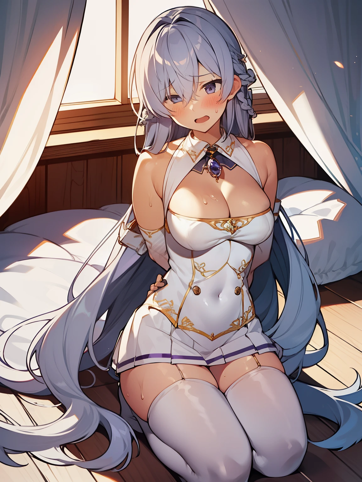 (hyper extreme detailed),(masuter piece),(hyper extreme),(Photorealistic),nffsw,(Farbe:1.2), Beautiful lighting,Light from the front, Solo, rodney,silber hair,Long hair,Multiple side blades, Detached_sleeves,Chiotto,Detached_Collar,White and blue costume,Miniskirt, (((((hands tied behind))))), (((((arms behind back))))), (((Close one eye))), Thighs together, sitting on lap, (((Seiza))), Sweat, blush, ((scowl)), ((Open mouth)),