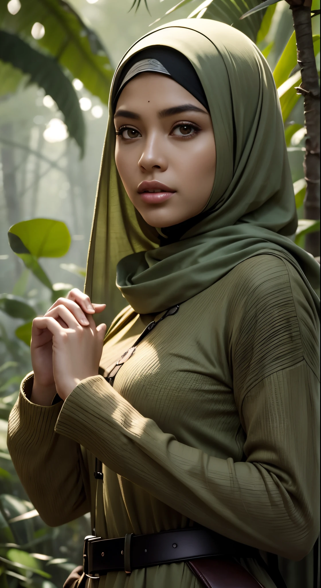 RAW, Best quality, high resolution, masterpiece: 1.3), beautiful Malay woman in hijau:0.8),Best quality, high resolution, Masterpiece: 1.3, Beautiful  hijabi malay girl, Masterpiece, Soft smile, Realistic, 1girl, charming eyes, glowing eyes,parted lips, big breast, Beautiful  woman in hijap, full-length, beautiful figure, aesthetics of the female body, savage from the islands, hunter of mysterious creatures, observing the creature, in ambush, studying the creature found, in ranger clothes, with a large backpack, detailed clothes, many pockets, many belts, everything  hung with gadgets, catches small mysterious creatures, hunts small creatures, mysterious forest, beautiful forest, nature surrounded by flowers,  tender leaves and branches surrounded by fireflies (natural elements), (jungle theme), (leaverancheireflies), (particle effects), etc.3D Octane rendering, ray tracing, super detailing viewer, closeup, in mall