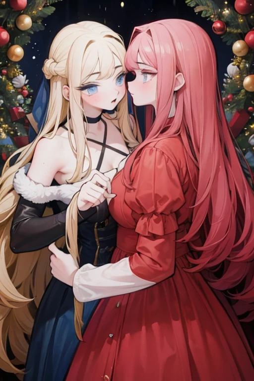 A red haired woman with a dark tan and red eyes is kissing a muscular blonde haired man with blue eyes and long hair and a dark beard at a christmas party in fancy outfits