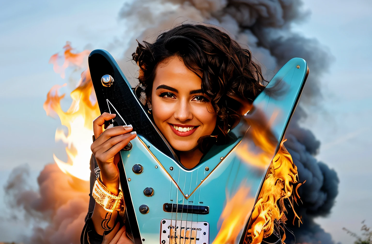 arafida woman holding a guitar with a smile on her face, holding an electric guitar, em chamas queimando no fogo.