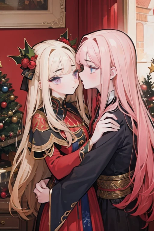 A red haired woman with a dark tan and red eyes is kissing a muscular blonde haired man with blue eyes and long hair and a dark beard at a christmas party in fancy outfits