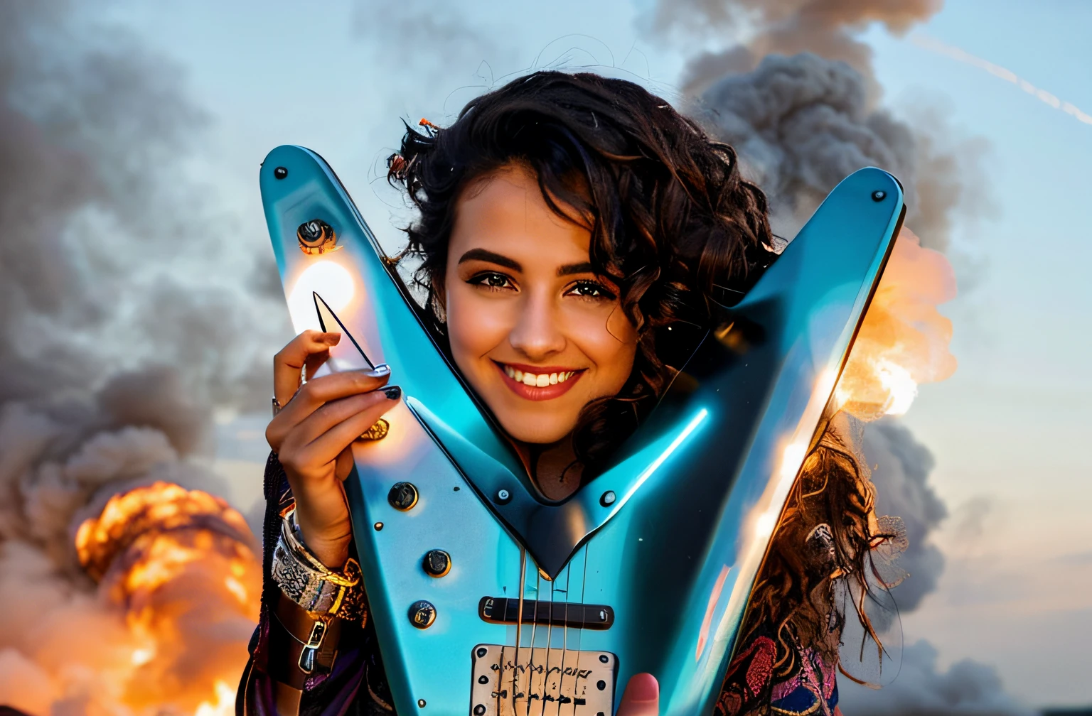 arafida woman holding a guitar with a smile on her face, holding an electric guitar, em chamas queimando no fogo.