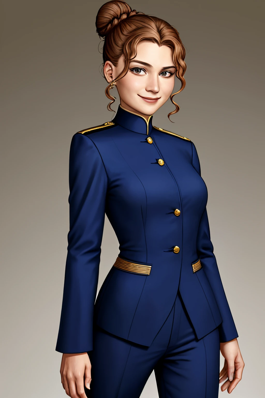 upper body photo of AnastasiaCebulska, focus on smiling face, wearing a pant suit , her hair  styled as Low Bun with Curly Hair,