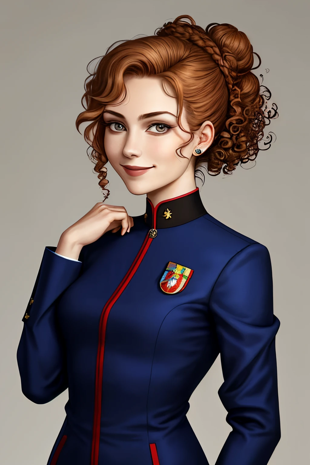 upper body photo of AnastasiaCebulska, focus on smiling face, wearing a pant suit , her hair styled as Low Bun with Curly Hair,