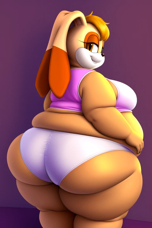 Cream the rabbit, , (morbidly obese), (very fat face), (double chin), huge belly, wide hips, huge butt, crop top, white panties, back view, presenting hindquarters, innocent smile