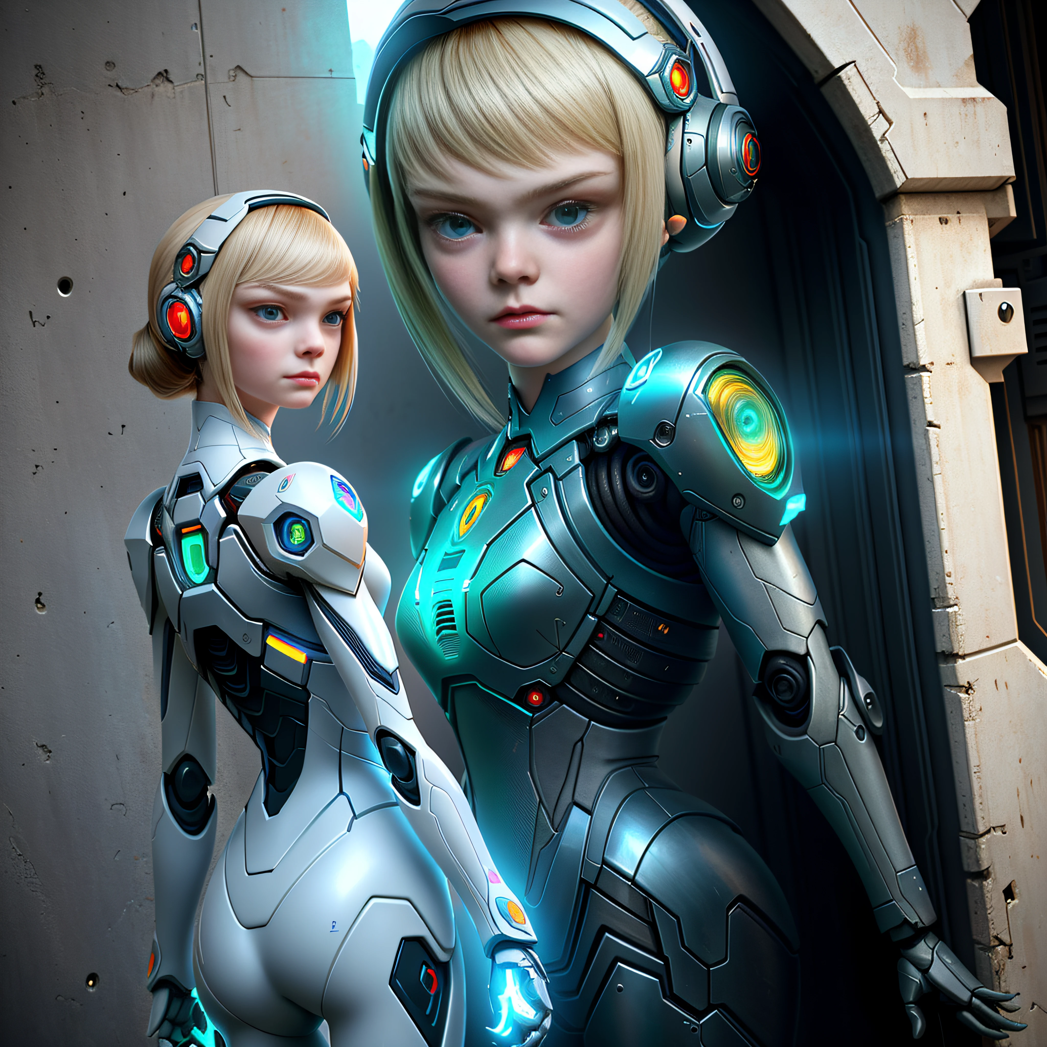 there a woman that standing in front of a wall, elle fanning as an android, portrait of beautiful samus aran, album art, hyper realistic sci fi realistic, highly detailed vfx portrait, symmetrical portrait scifi, sci - fi look, beutiful white girl cyborg, woman and robot, portrait of a sci - fi woman, inspired by Vincent Lefevre