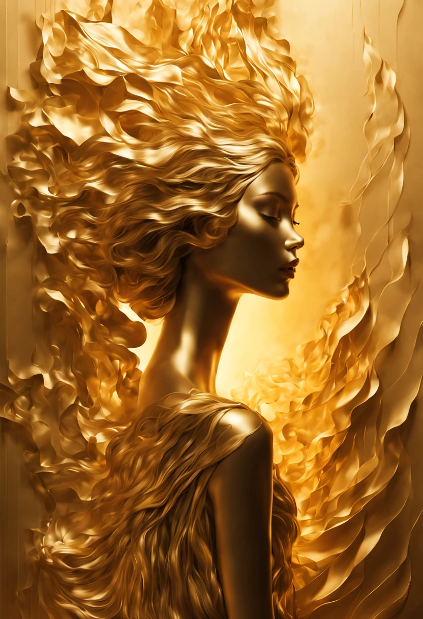 A smooth golden wall similar to a sheet of paper, only the silhouette a slightly smiling woman face with eyes closed stands out, delicate lines, no frames, very elegant and graceful, perfect light. Only gold, dark fantasy, product, cinematic, poster, fashion, conceptual art, 3d renderv0.2
