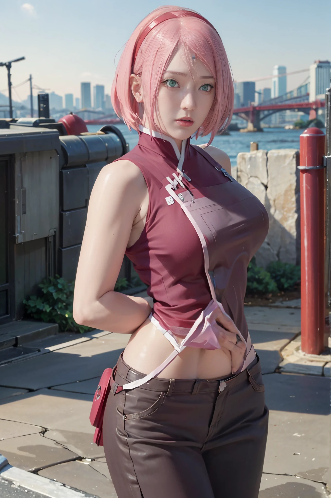 Real life adaption of this character,her name  sakura haruno from anime Naruto,she has a realistic same pink hair with a red headband, realistic same outfit, realistic same apron, beautiful korean  face, she has green eyes color, realistic light, realistic shadow, realism, hyper realistic,(photorealistic:1.2), realistic background , details eyes, realive hair ,realive eyes ,detail charakter , photraidt detailed