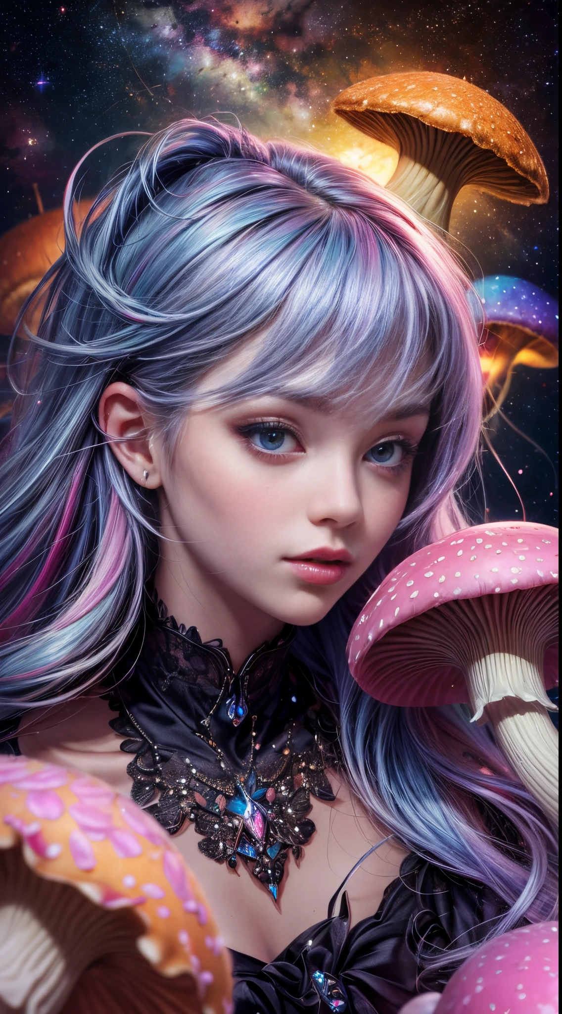 8k Wallpaper,grand,(((masterpiece))), (((best quality))), ((ultra-detailed)), (illustration), ((an extremely delicate and beautiful)),dynamic angle,rainbow hair,detailed cute anime face,((loli)),(((masterpiece))),anmasterpiece, best quality, incredibly absurdres, high detail background, (glowing effect), starry sky, glowing nebula sky, colorful,Mushrooms, fantasy, 1girl, solo, long hair,More Detail