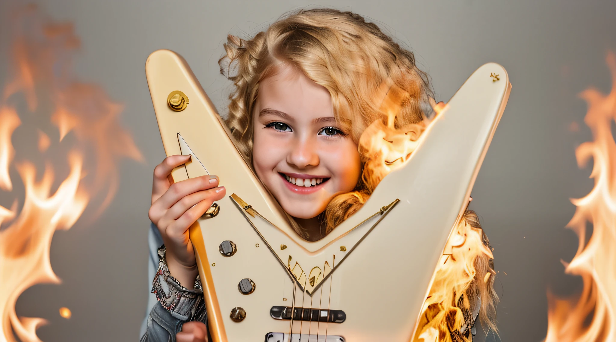 blonde girl holding a guitar with a smile on her face, holding an electric guitar, em chamas queimando no fogo.