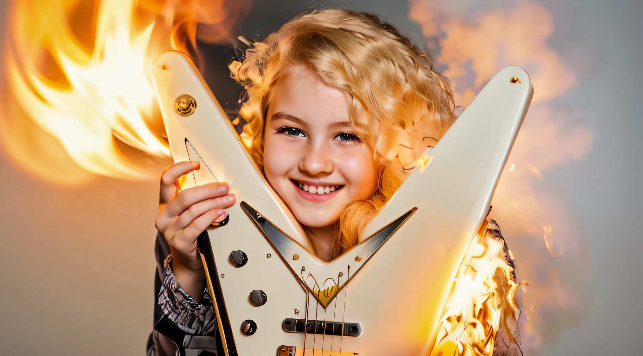 blonde girl holding a guitar with a smile on her face, holding an electric guitar, em chamas queimando no fogo.